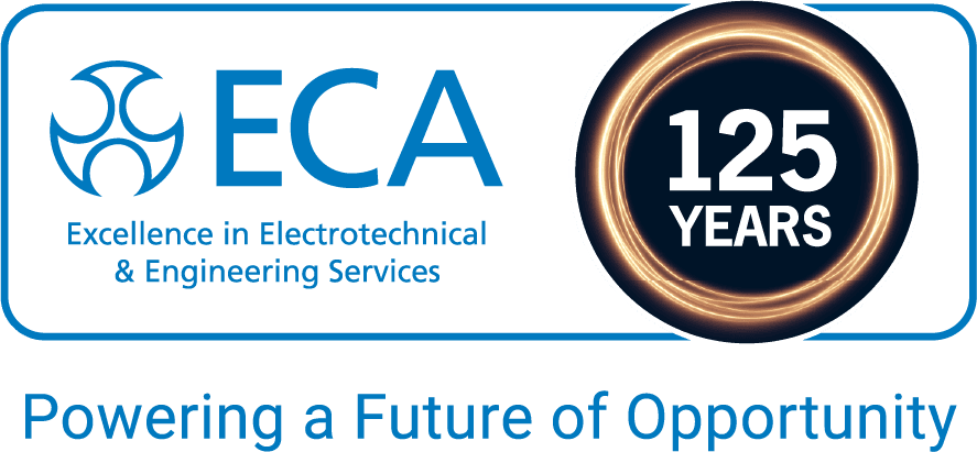ECA logo with white symbol and text on a blue background