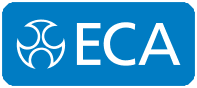 ECA logo with white symbol and text on a blue background